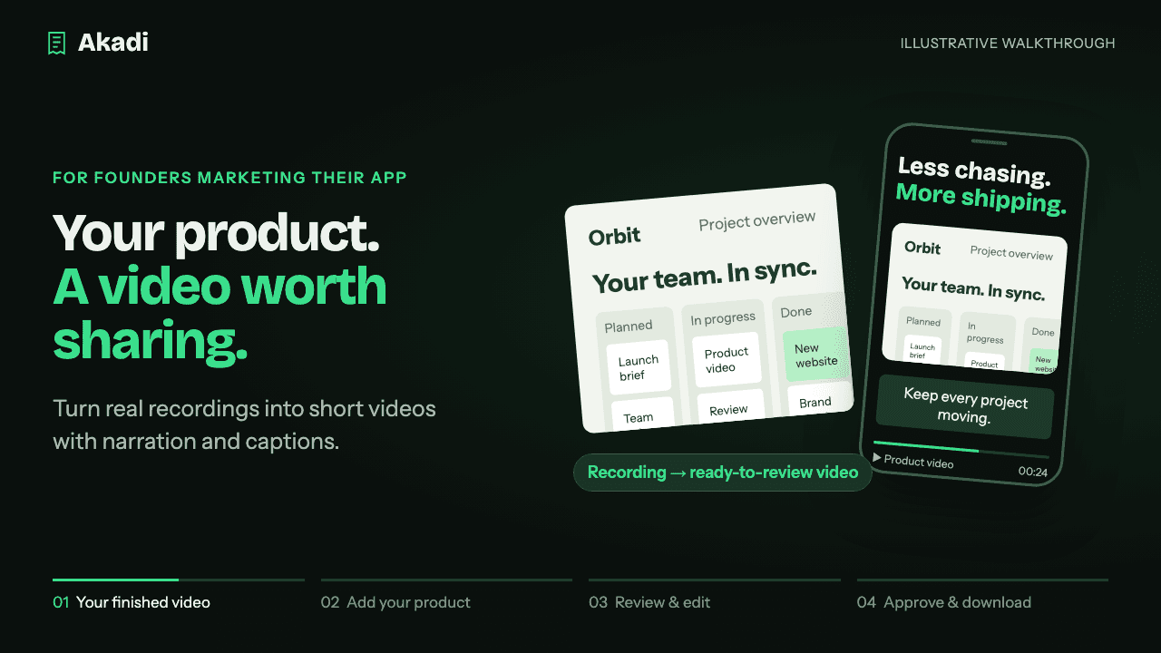 A product recording becomes a narrated, captioned vertical video. Illustrative example.